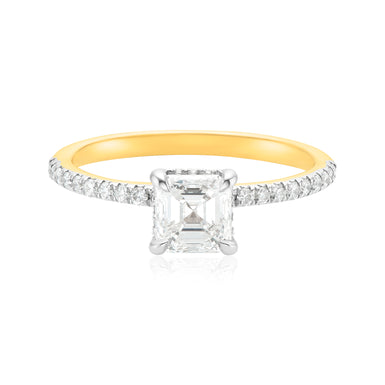 18ct Yellow Gold Asscher & Round Brilliant Cut 1.14 ctw Diamond Ring