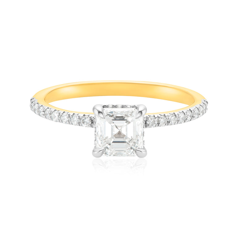 18ct Yellow Gold Asscher & Round Brilliant Cut 1.14 ctw Diamond Ring