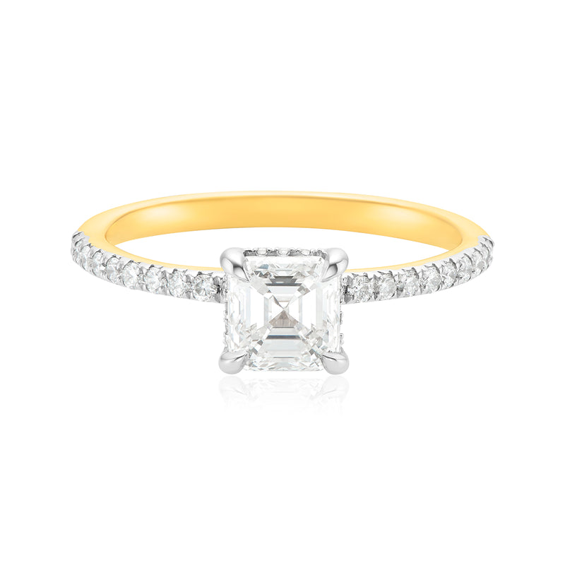 18ct Yellow Gold Asscher & Round Brilliant Cut 1.14 ctw Diamond Ring