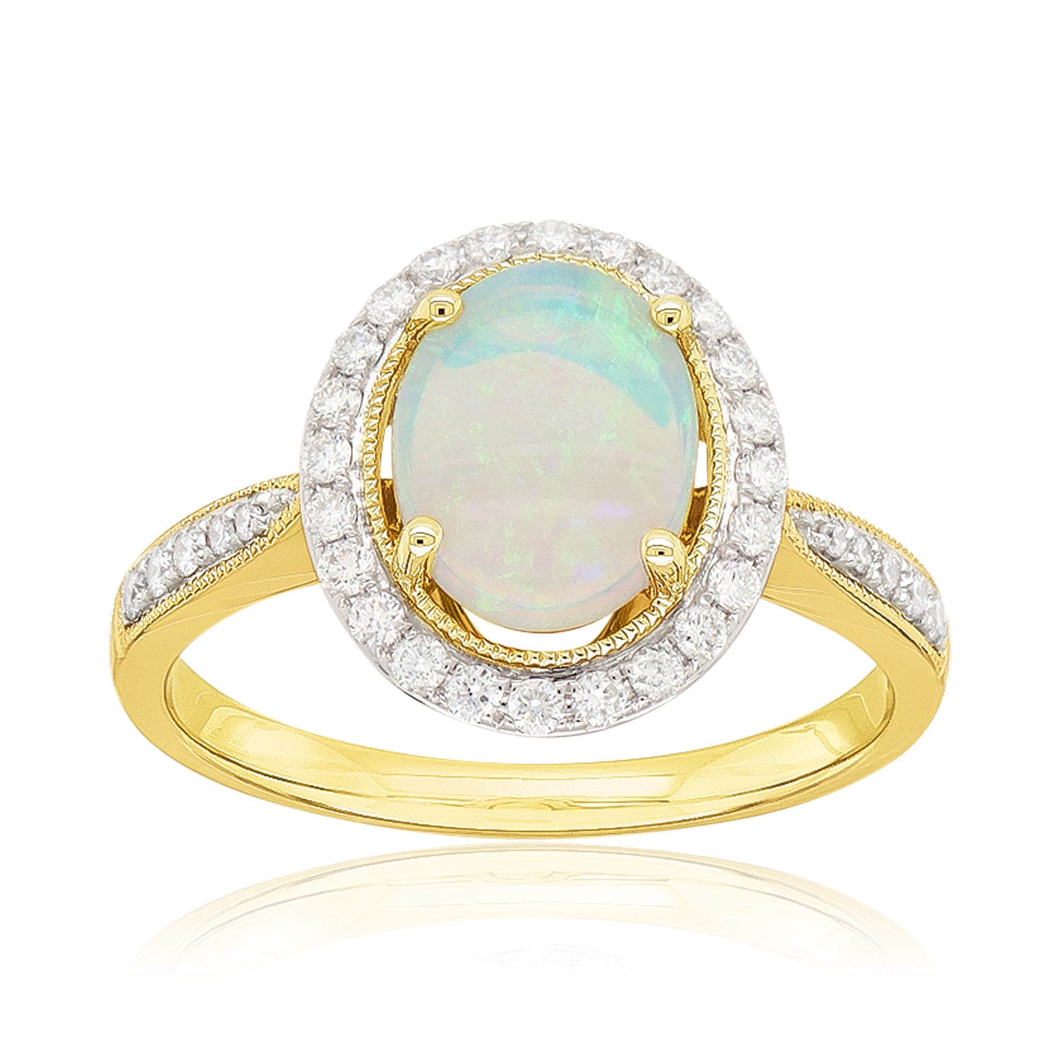 Heirloom 18ct Yellow White Gold Oval Cut 9x7mm White Opal 0.25 Carat tw Rhodium Plated Ring L