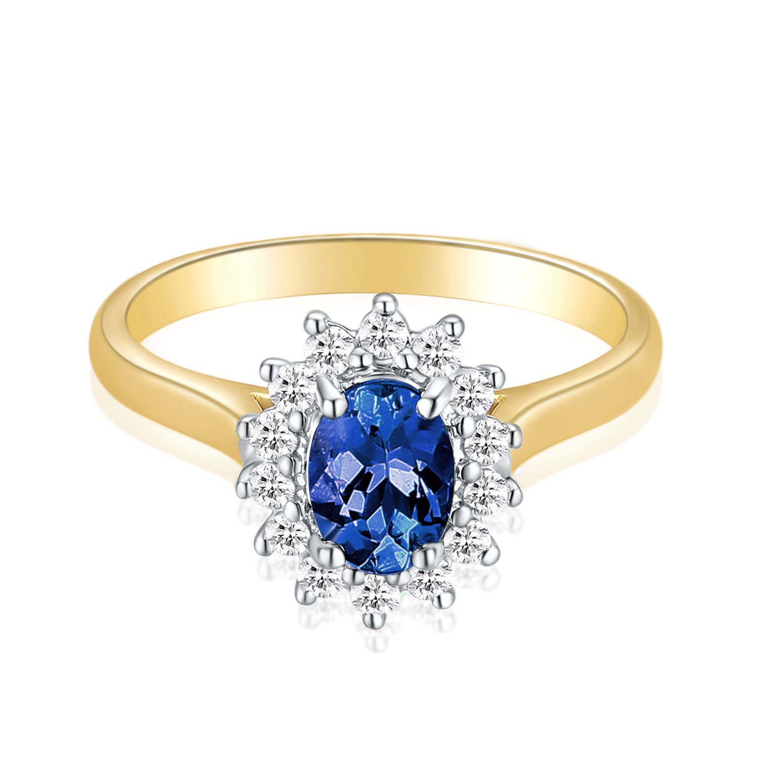 18ct Yellow & White Gold Oval & Round Cut Sapphire & 0.25ctw  Diamond Ring