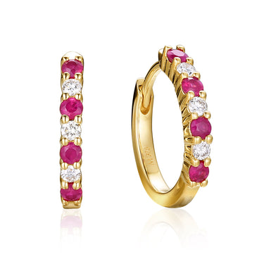 9ct Yellow Gold Round Cut 2mm Ruby 0.14 Carat tw Hoop Earrings