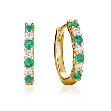 9ct Yellow Gold Round Cut 2mm Emerald 0.14 Carat tw Hoop Earrings