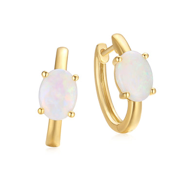 18ct Yellow Gold Oval 8x6mm White Opal Hoop Earrings