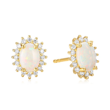 18ct Yellow Gold Oval Cut 7X5 mm 0.25 Carat tw Diamonds White Opal Earrings