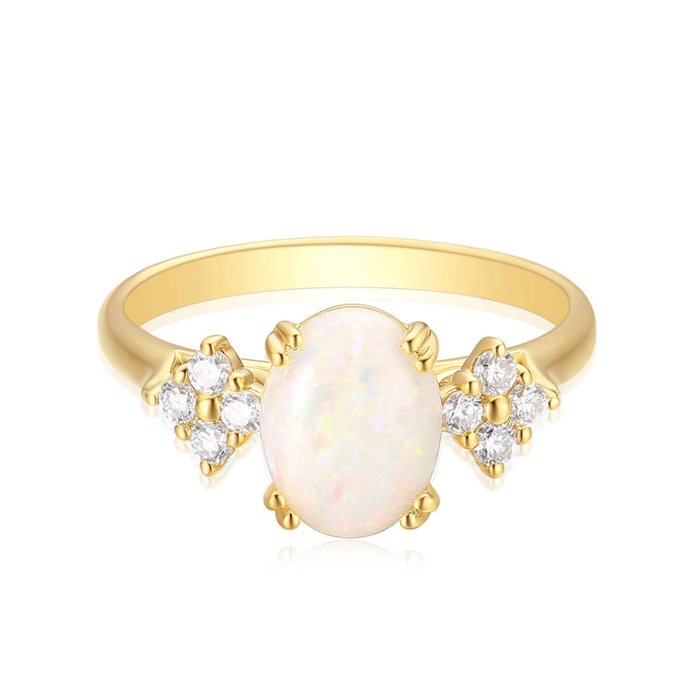 18ct Yellow Gold Oval Cut 9X7 mm 0.20 Carat tw Diamonds White Opal Ring