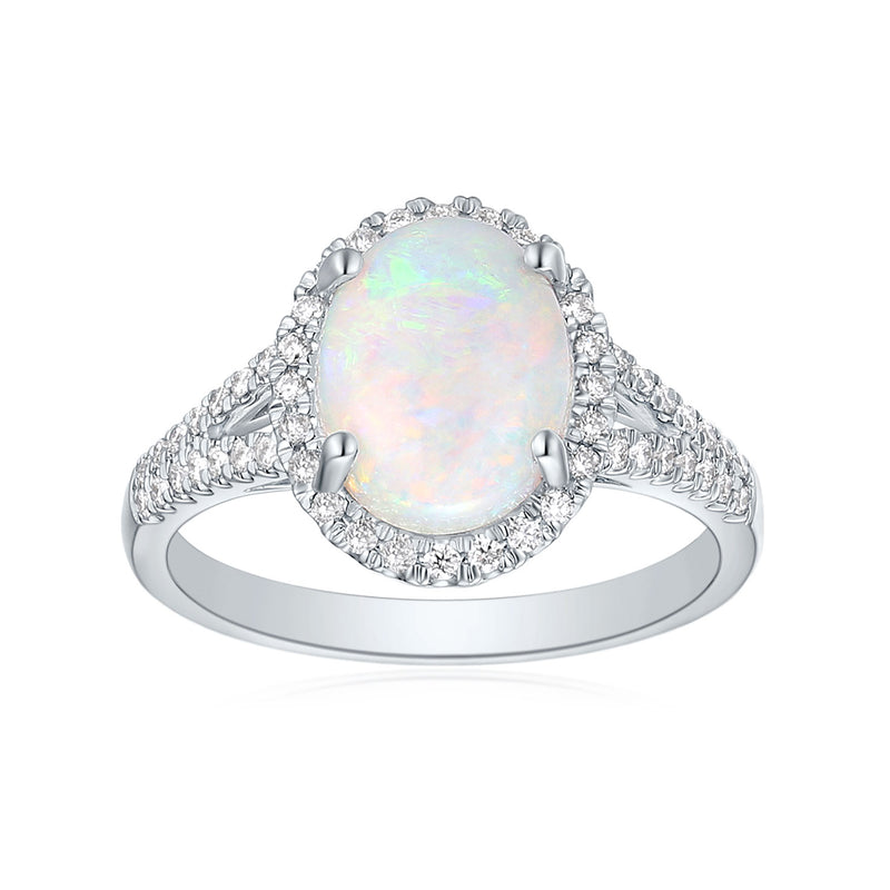 18ct White Gold Oval 9x7mm White Opal 0.25 Carat tw Ring