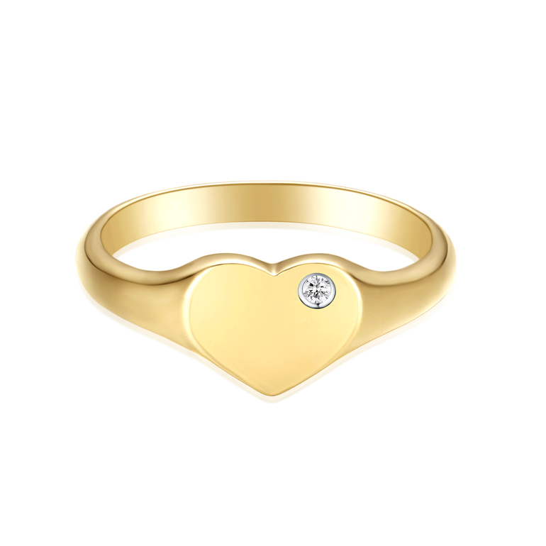 9ct Yellow Gold Round Cut Diamond Heart Children's Signet Ring