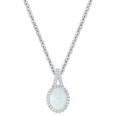 18ct White Gold Oval 9x7mm White Opal 0.15 Carat tw Pendant