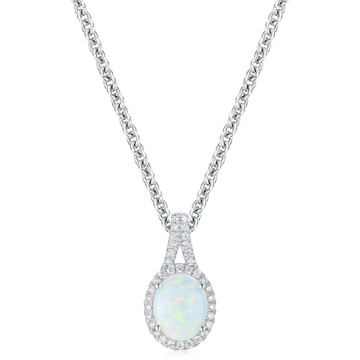 18ct White Gold Oval 9x7mm White Opal 0.15 Carat tw Pendant