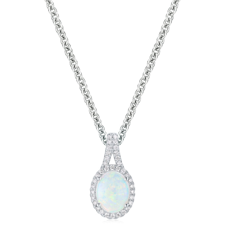 18ct White Gold Oval 9x7mm White Opal 0.15 Carat tw Pendant