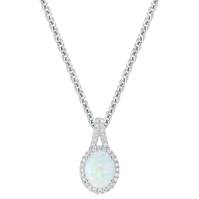 18ct White Gold Oval 9x7mm White Opal 0.15 Carat tw Pendant