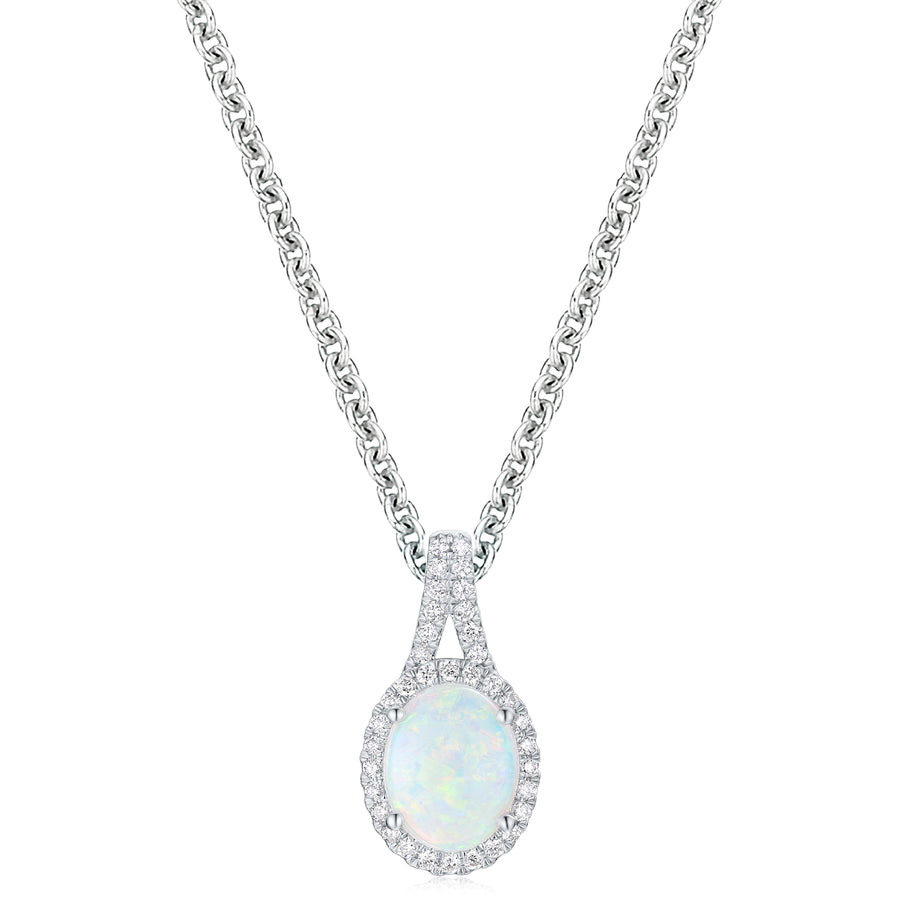 18ct White Gold Oval 9x7mm White Opal 0.15 Carat tw Pendant