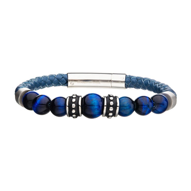 Stainless Steel 21 cm Leather Lapis Bead Bracelet