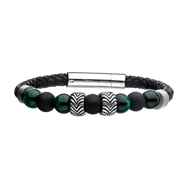 Stainless Steel 21cm Leather Malachite Bead Bracelet