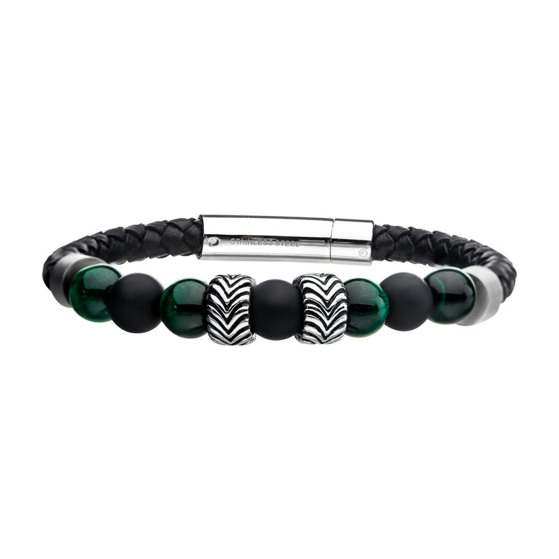 Stainless Steel 21cm Leather Malachite Bead Bracelet