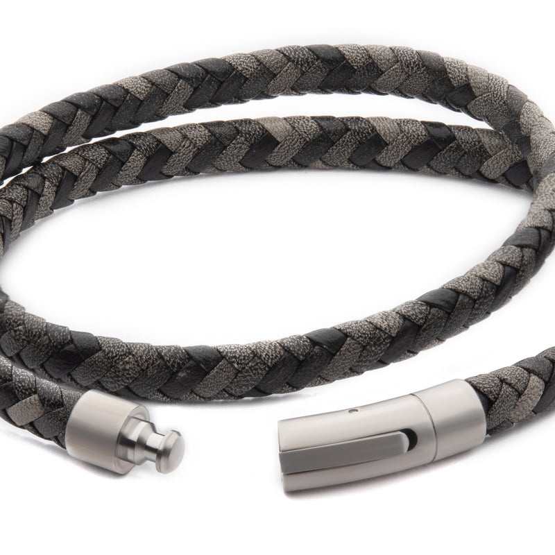 Stainless Steel 41cm Grey Wrap Leather Bracelet