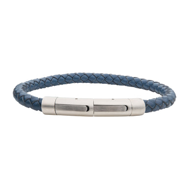 Stainless Steel 21cm Blue Leather Bracelet