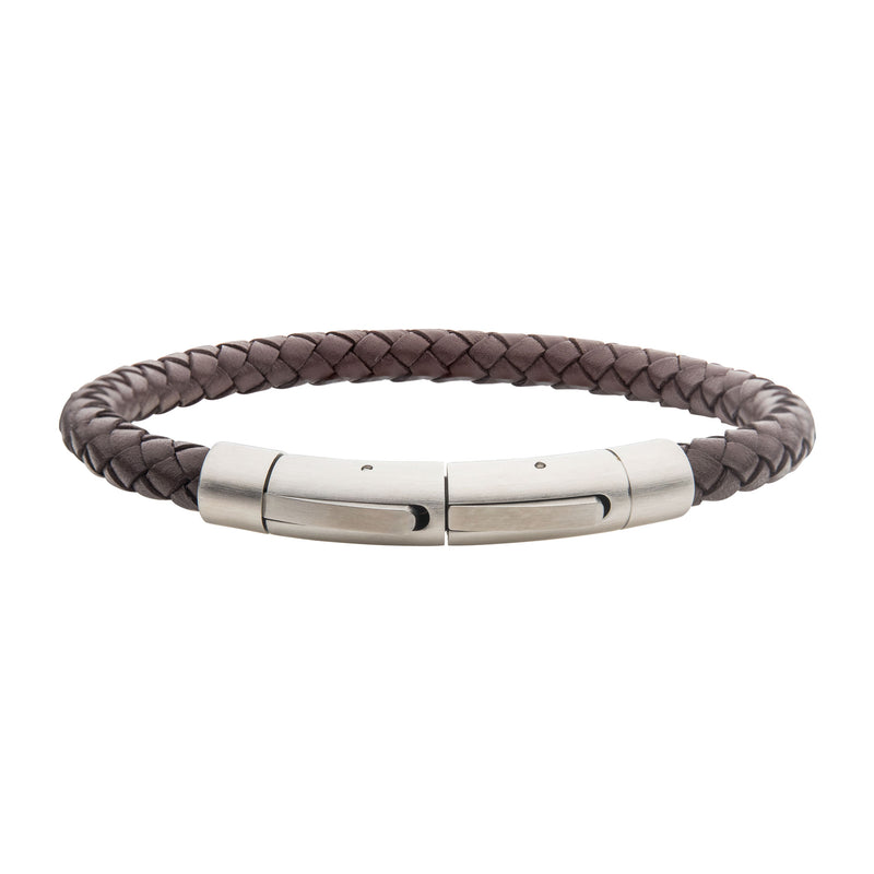 Stainless Steel 21cm Brown Leather Bracelet