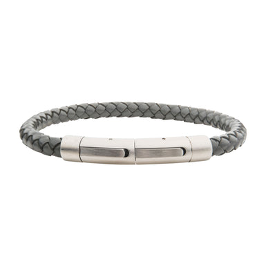 Stainless Steel 21cm Grey Leather Bracelet