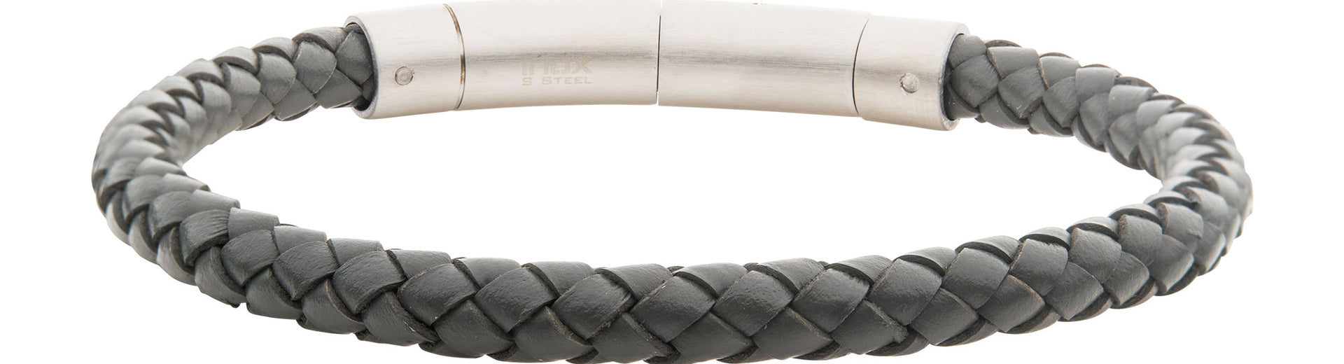 Stainless Steel 21cm Grey Leather Bracelet