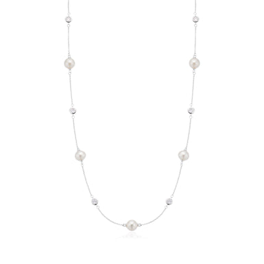 Vera Wang Sterling Silver Round Cut 0.60 Carat tw Diamond, Sapphire, and Fresh Water Pearl Necklace