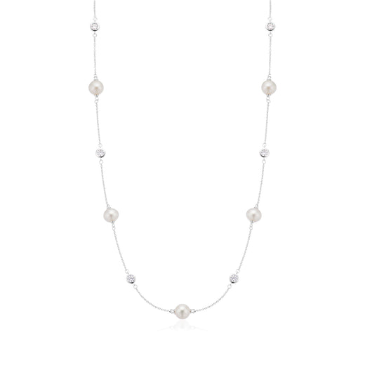 Vera Wang Sterling Silver Round Cut 0.60 Carat tw Diamond, Sapphire, and Fresh Water Pearl Necklace