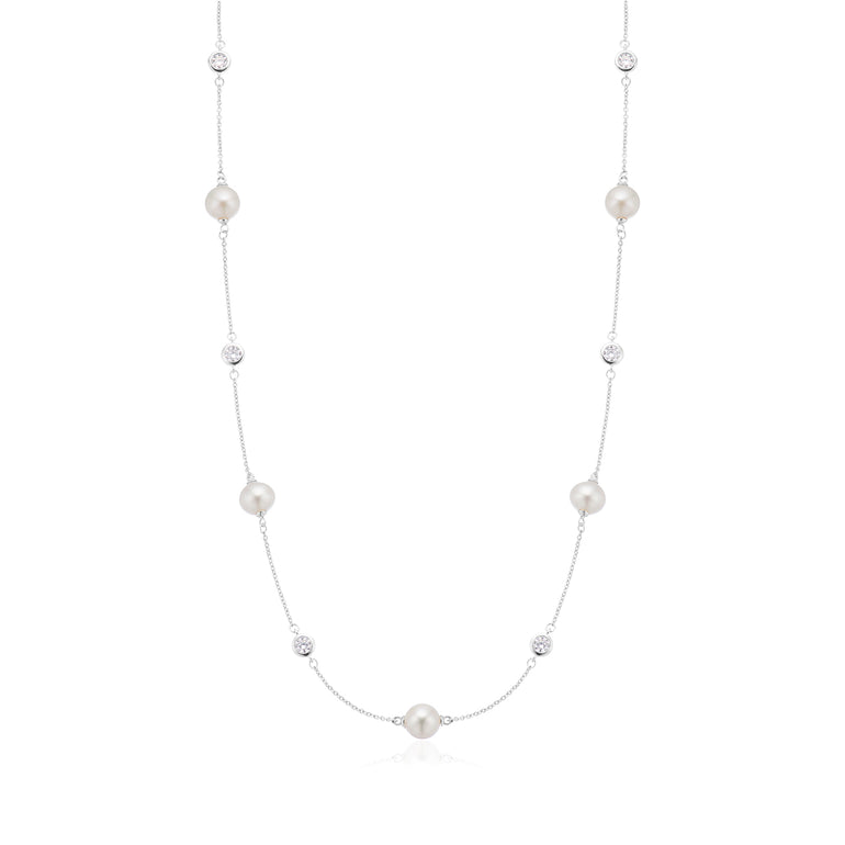 Vera Wang Sterling Silver Round Cut 0.60 Carat tw Diamond, Sapphire, and Fresh Water Pearl Necklace