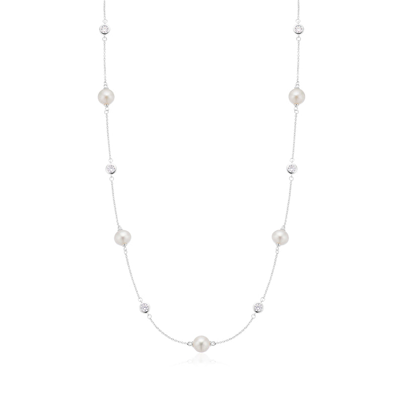 Vera Wang Sterling Silver Round Cut 0.60 Carat tw Diamond, Sapphire, and Fresh Water Pearl Necklace