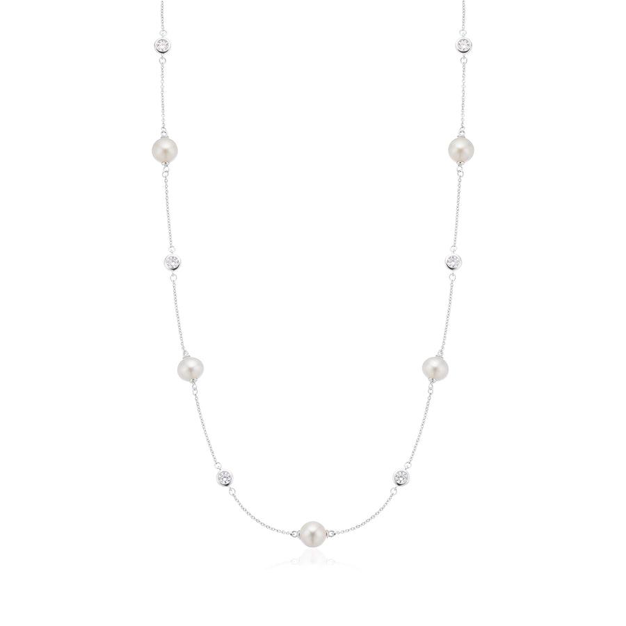 Vera Wang Sterling Silver Round Cut 0.60 Carat tw Diamond, Sapphire, and Fresh Water Pearl Necklace