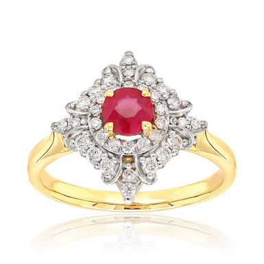 Heirloom 18ct Yellow Gold Round Cut 4.5mm Ruby 0.30 Carat tw Rhodium Plated Ring