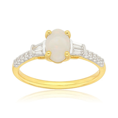 Heirloom 18ct Yellow Gold Oval Cut 7x5mm Opal 0.15 Carat tw Rhodium Plated Ring
