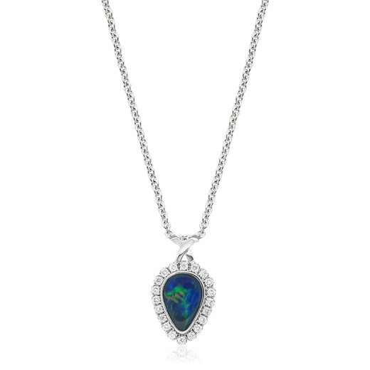 Heirloom 18ct White Gold Pear Cut 11x7mm Black Opal 0.24 Carat tw Pendant