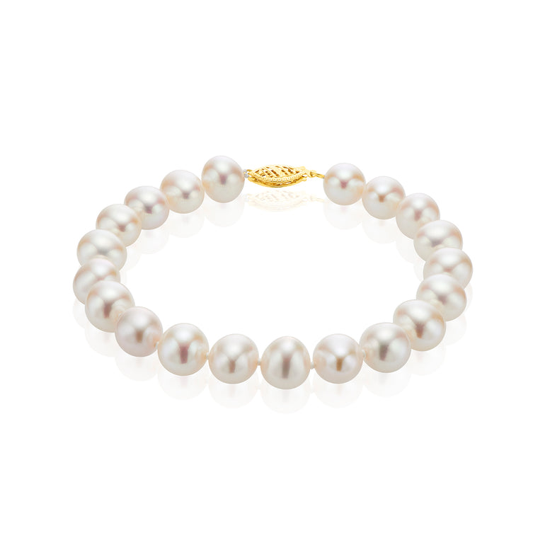 14ct Yellow Gold 9-10mm White Cultured Fresh Water Pearl Bracelet