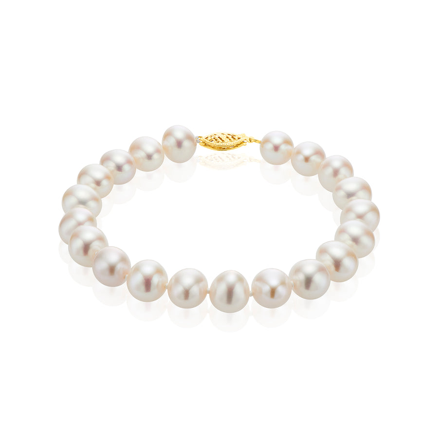 14ct Yellow Gold 9-10mm White Cultured Fresh Water Pearl Bracelet