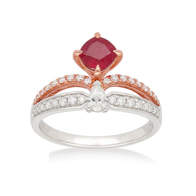 Heirloom 18ct White and Rose Gold Cushion & Round Cut 5mm Ruby Diamond Set 0.34 Carat tw Ring