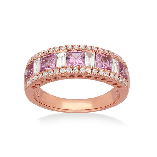 Heirloom 18ct Rose Gold Princess & Baguette & Round Cut 3.5mm Pink Sapphire Diamond Set 0.58 Carat tw Ring