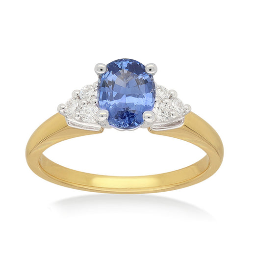 Heirloom 18ct Yellow Gold Round & Oval Cut 7x5mm Ceylon Sapphire Diamond Set 0.15 Carat tw Ring