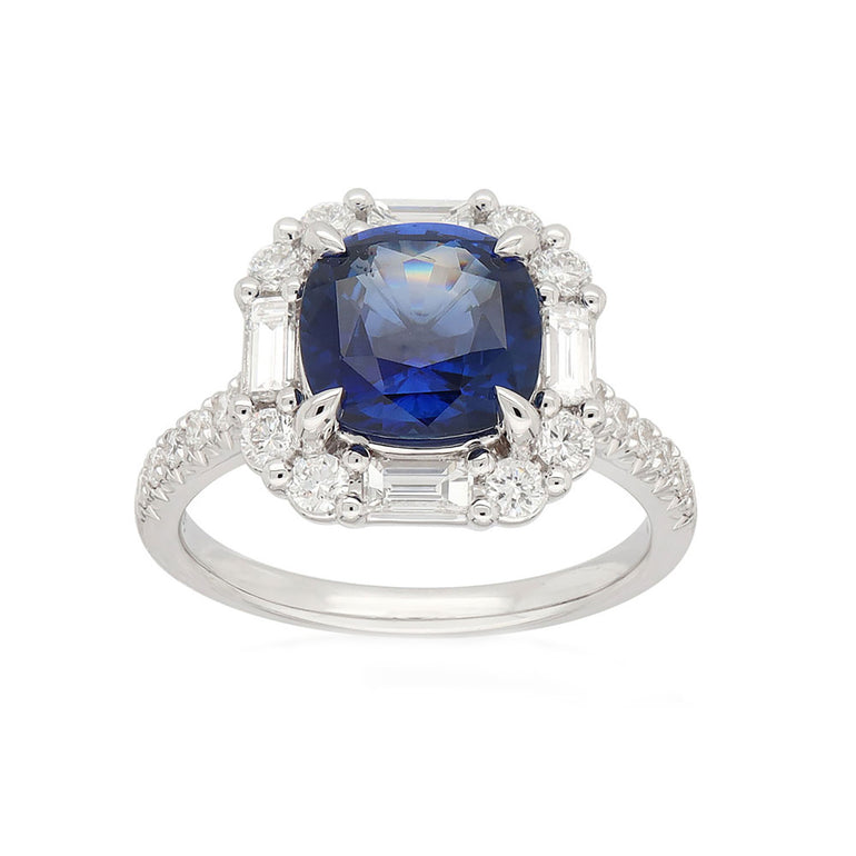 Heirloom 18ct White Gold Cushion & Round & Baguette Cut 8mm Ceylon Sapphire Diamond Set 0.77 Carat tw Ring