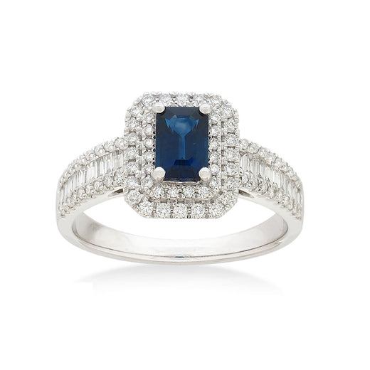 Heirloom 18ct White Gold Emerald Cut, Baguette & Round Cut 6x4mm Ceylon Sapphire Diamond Set 0.51 Carat tw Ring