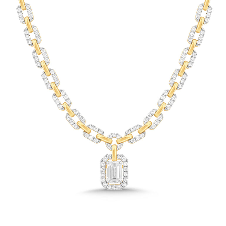 18ct Yellow Gold Emerald & Brilliant Round Cut 5.50ctw Lab Grown Certified Diamond Necklace