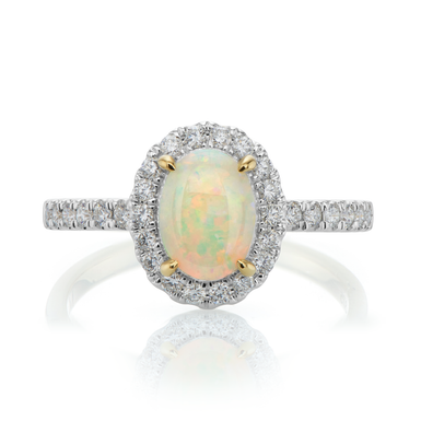 9ct Yellow Gold Oval Opal & Round Cut Diamond Ring