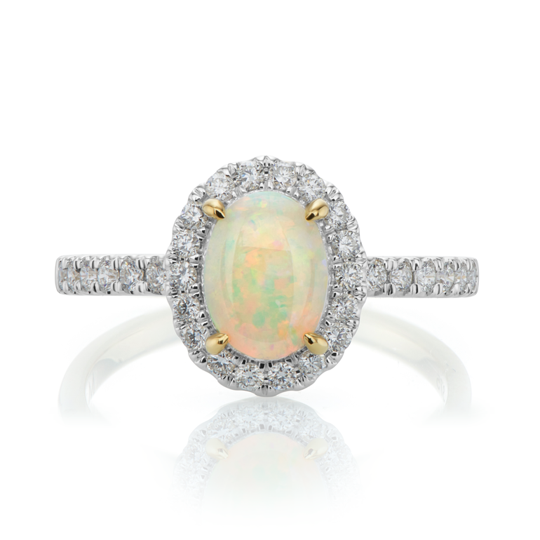 9ct Yellow Gold Oval Opal & Round Cut Diamond Ring