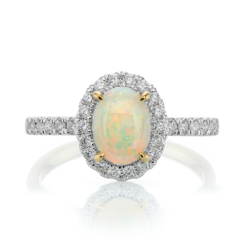 9ct Yellow Gold Oval Opal & Round Cut Diamond Ring