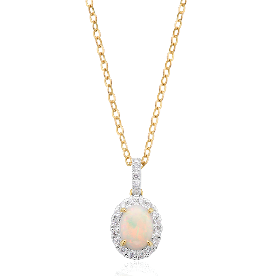 9ct Yellow Gold Oval Opal & Round Cut Diamond Pendant