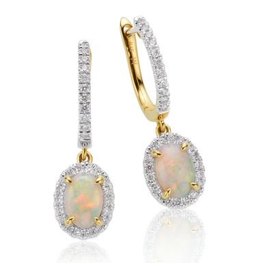9ct Yellow Gold Oval Opal & Round Cut Diamond Earrings