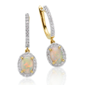 9ct Yellow Gold Oval Opal & Round Cut Diamond Earrings