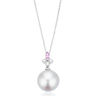 Perla by Autore 18ct White Gold 10mm Button Pearl, Marquise Cut Pink Sapphire, & Round Cut 0.07 ctw Diamond Pendant