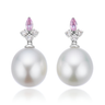 Perla by Autore 18ct White Gold 10mm Button Pearl, Marquise Cut Pink Sapphire, & Round Cut Diamond Earrings