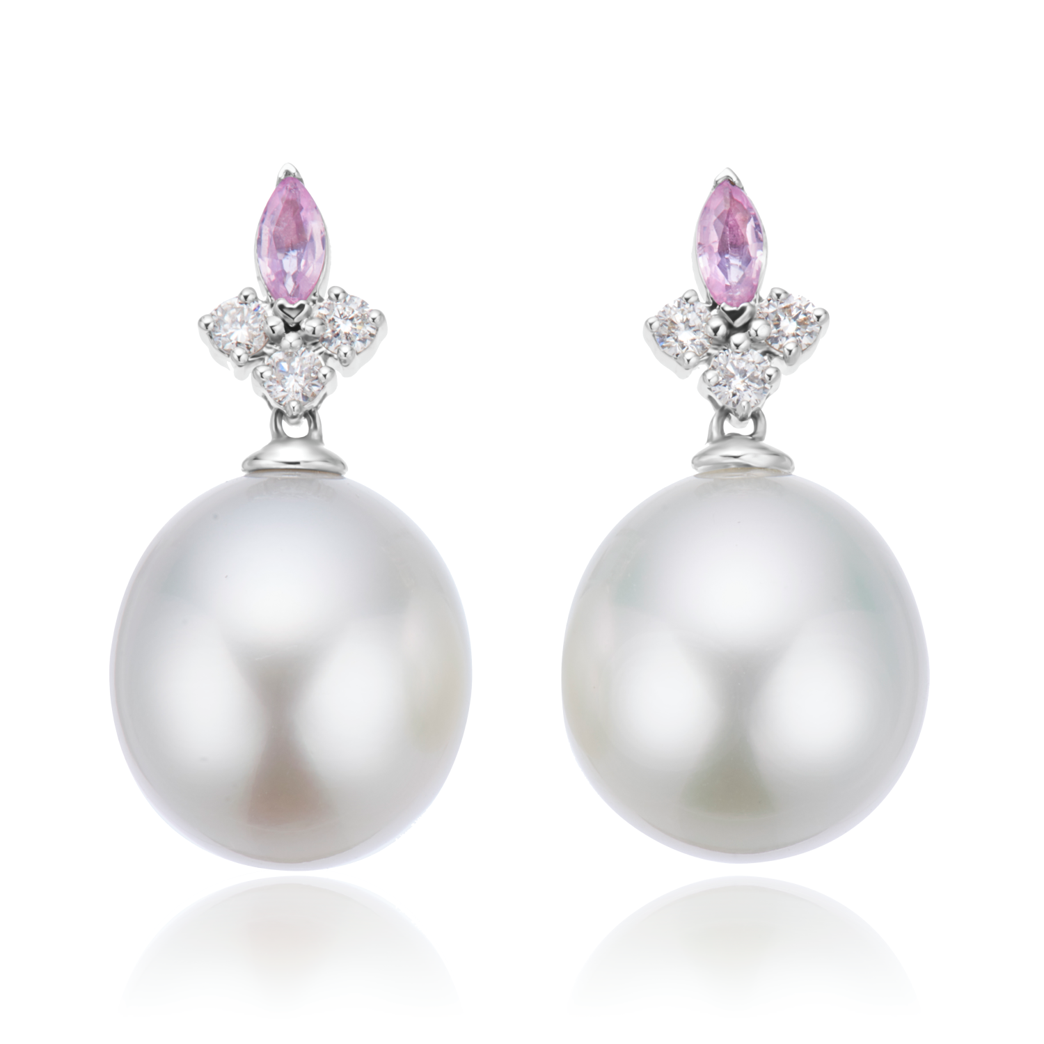 Perla by Autore 18ct White Gold 10mm Button Pearl, Marquise Cut Pink Sapphire, & Round Cut Diamond Earrings